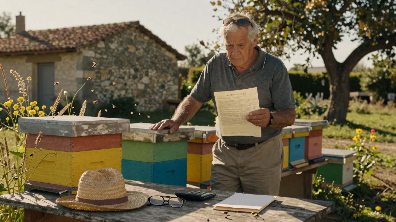 Elderly man reading paperwork near colourful beehives on a sunny day in a garden or orchard.