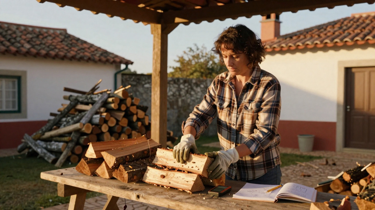 Woman stacking firewood on a wooden table under a shelter outdoors in a rural setting.