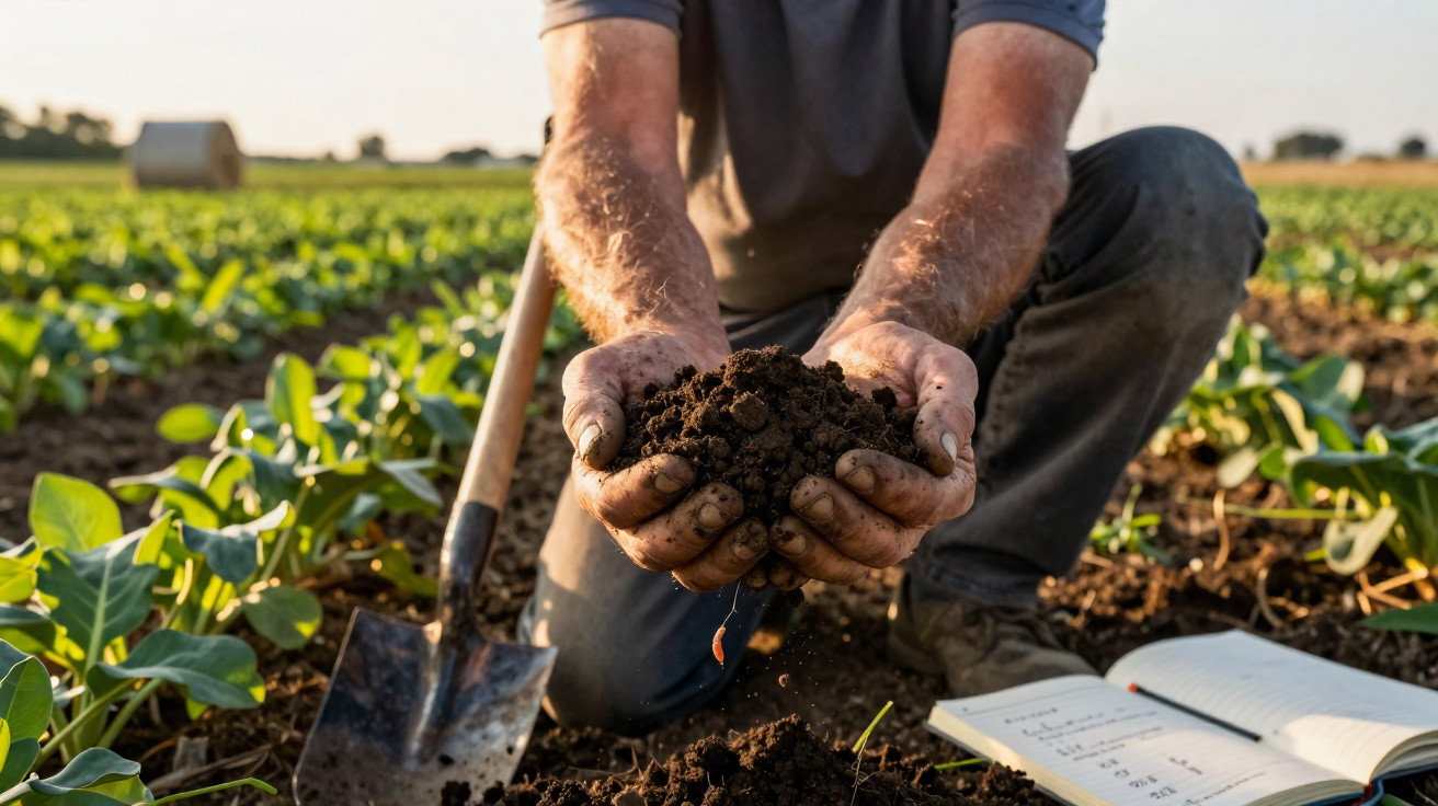 Farmer holding soil in hands kneeling in a green crop field with a shovel and open notebook nearby.
