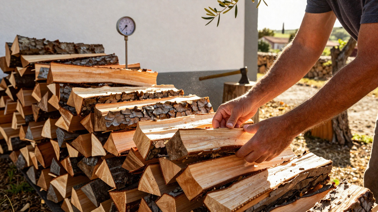 Hands stacking split firewood on a pile outdoors with an axe and a moisture meter in the background.
