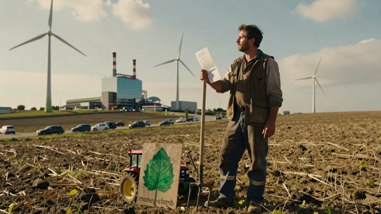 Farmer standing in field holding paper with wind turbines and power plant in background.