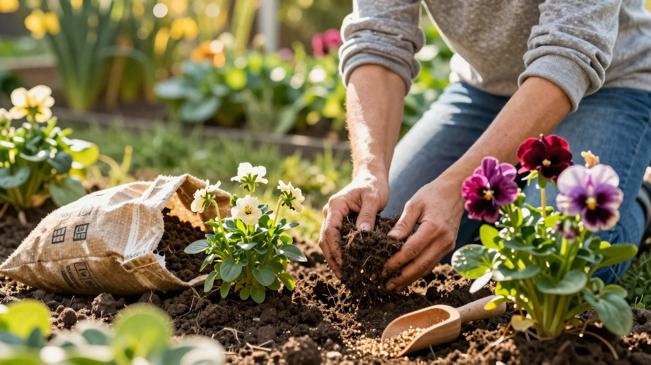 Person planting flowers in a garden bed with a sack of soil and gardening tools on a sunny day.