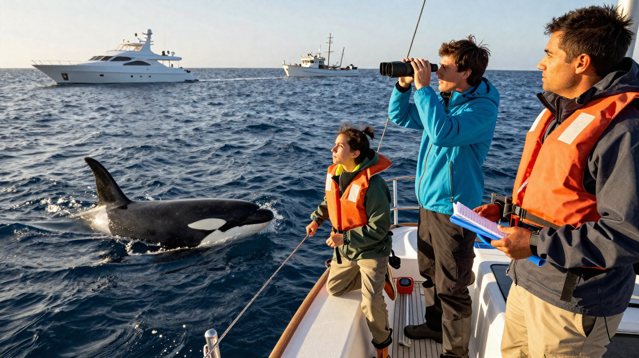 Three people wearing life jackets observe a swimming orca from a boat on the ocean.