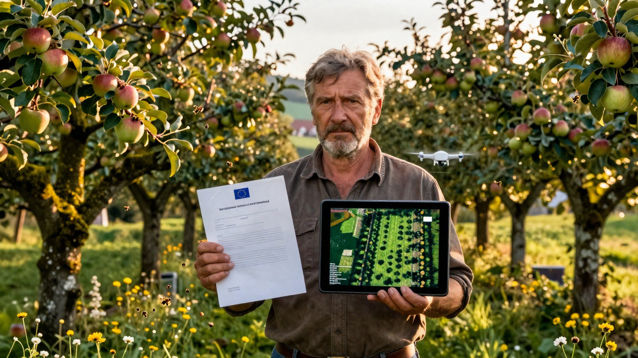 Man holding a document and tablet showing aerial orchard view with drone flying among apple trees.