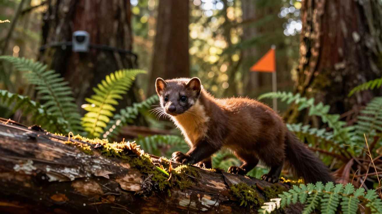 A pine marten standing on a mossy log in a sunlit forest with ferns and trees in the background.