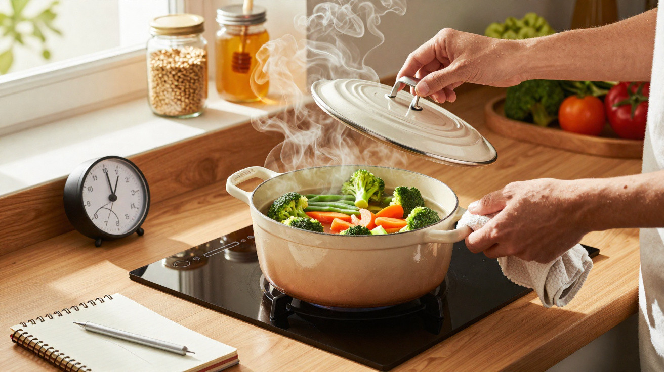 Hands lifting lid from pot of steaming mixed vegetables on stove in bright kitchen.