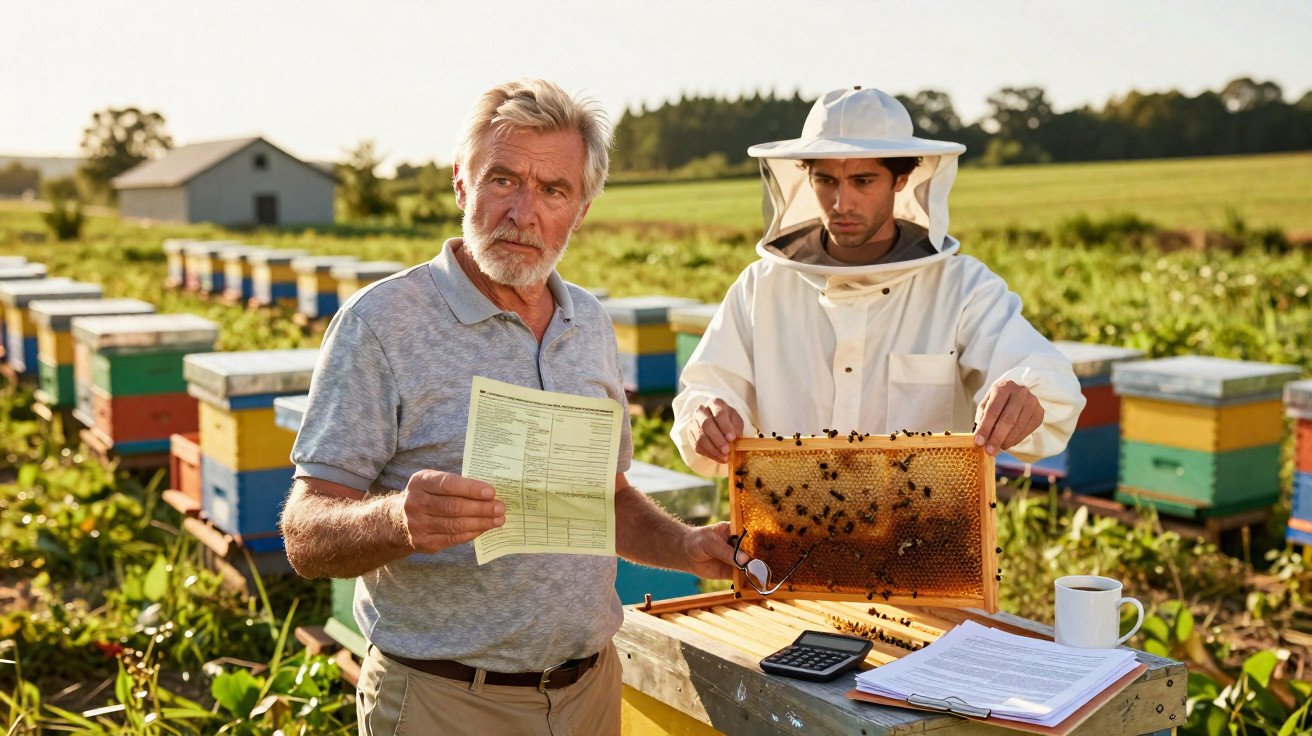 Two beekeepers inspecting a honeycomb frame and holding documents in a field of colourful beehives.