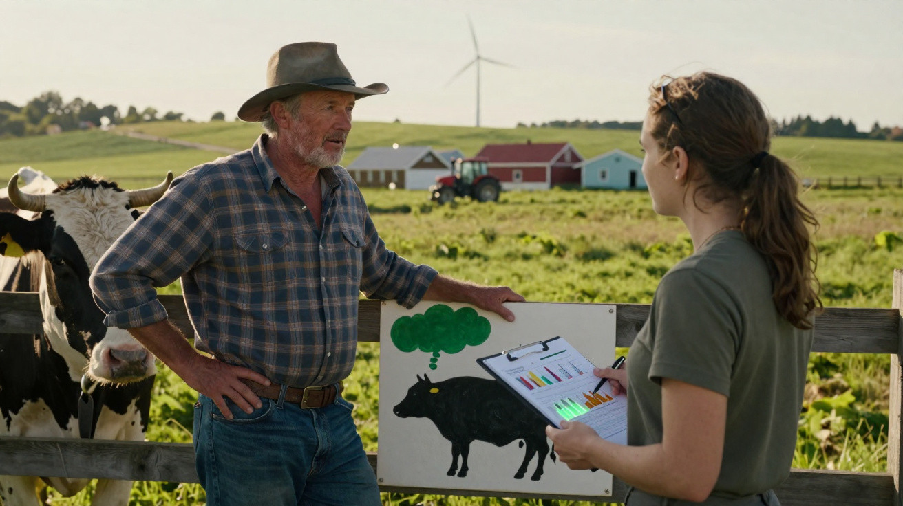 Farmer and woman discussing livestock chart on a clipboard in a green field with cows and farm buildings.
