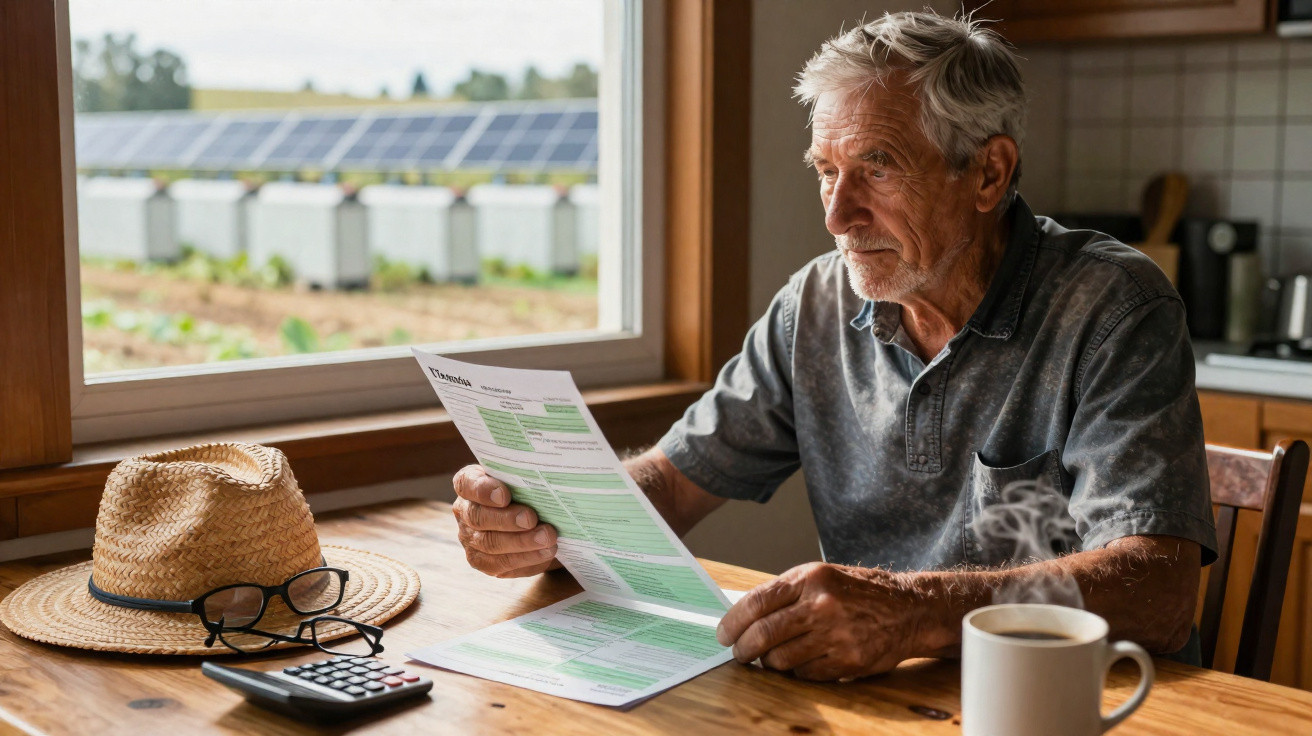 Elderly man reading a document at a wooden table with a calculator, glasses, hat, and steaming mug nearby.