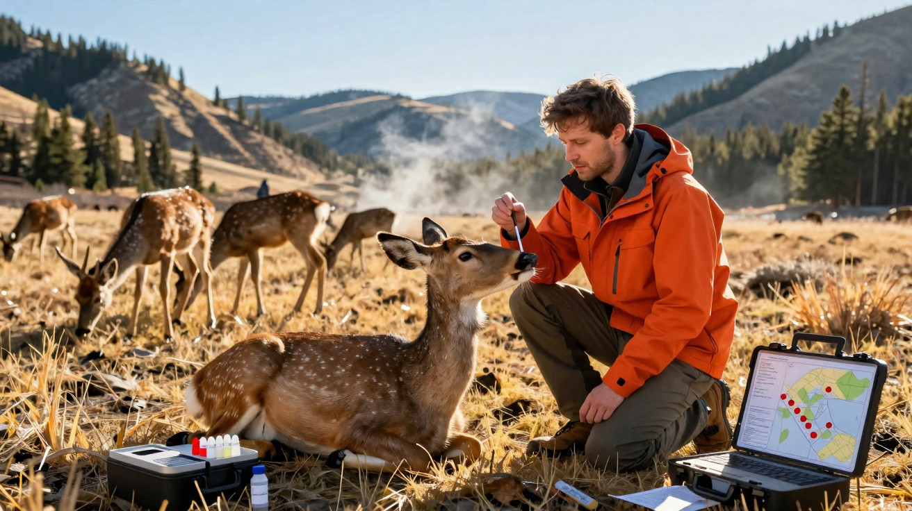 Man in orange jacket feeding a sitting deer in a dry grassy field with mountainous background and equipment.