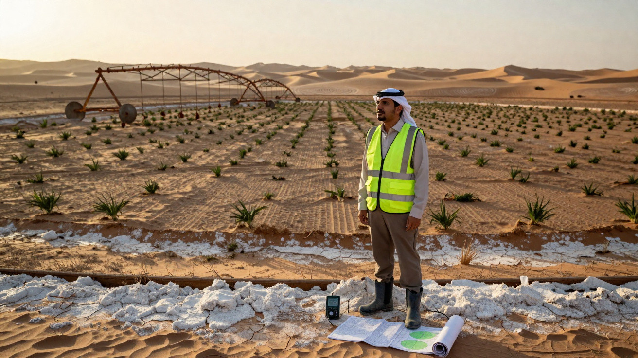 Man in high-visibility vest standing by plans in a desert farm with irrigation and young plants at sunset.
