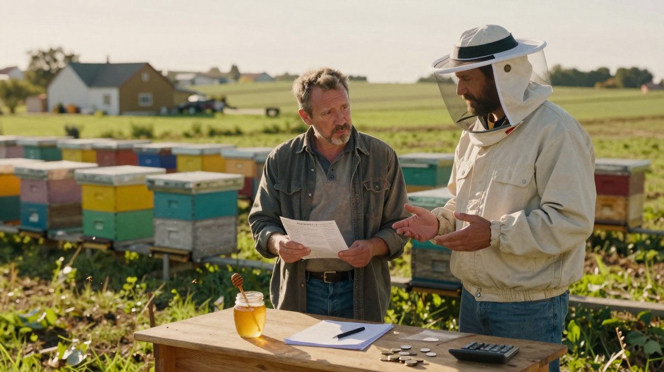 Two men discussing beekeeping near colourful hives with honey jar and documents on a wooden table outdoors.