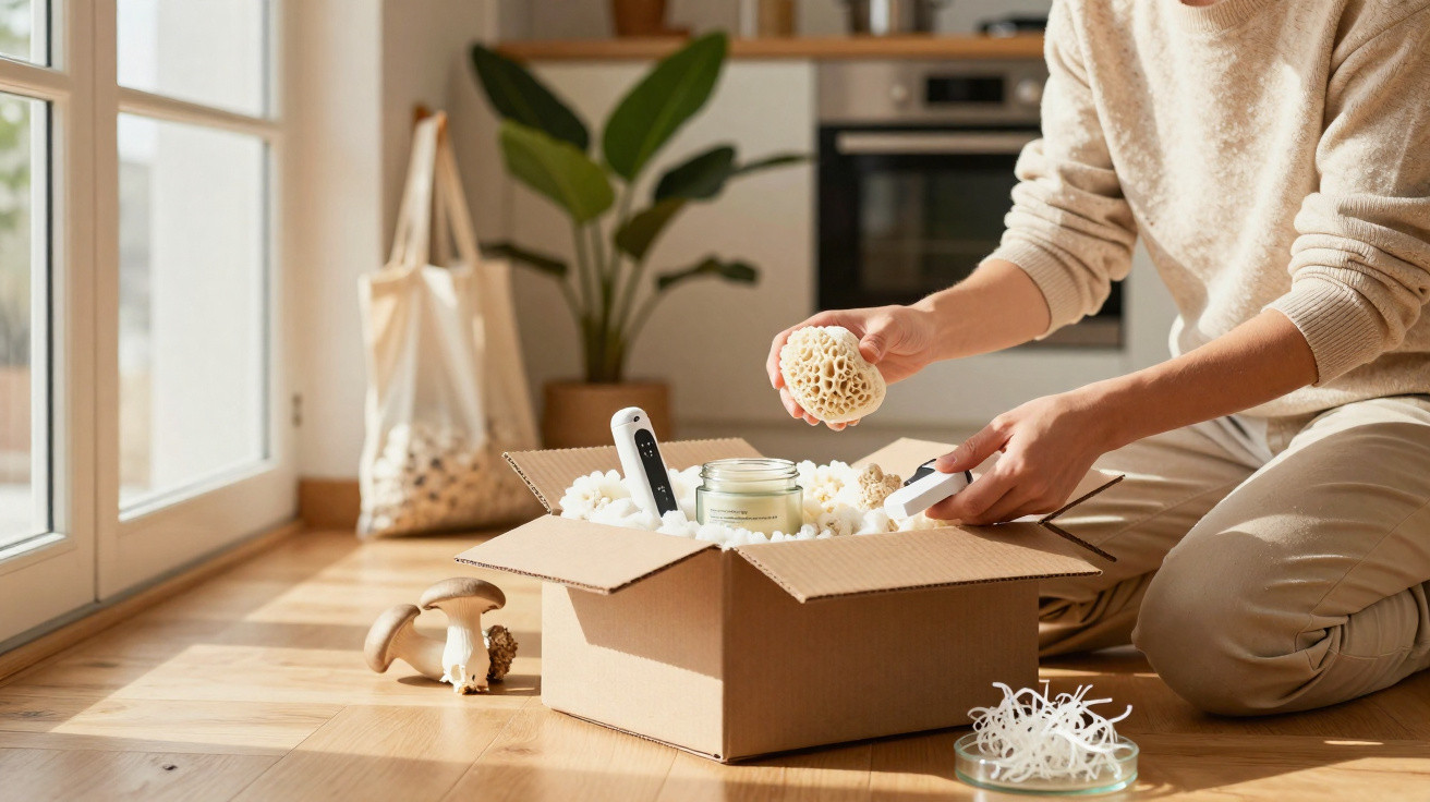 Person unpacking natural bath items including sponges and a candle from a cardboard box on a wooden floor.