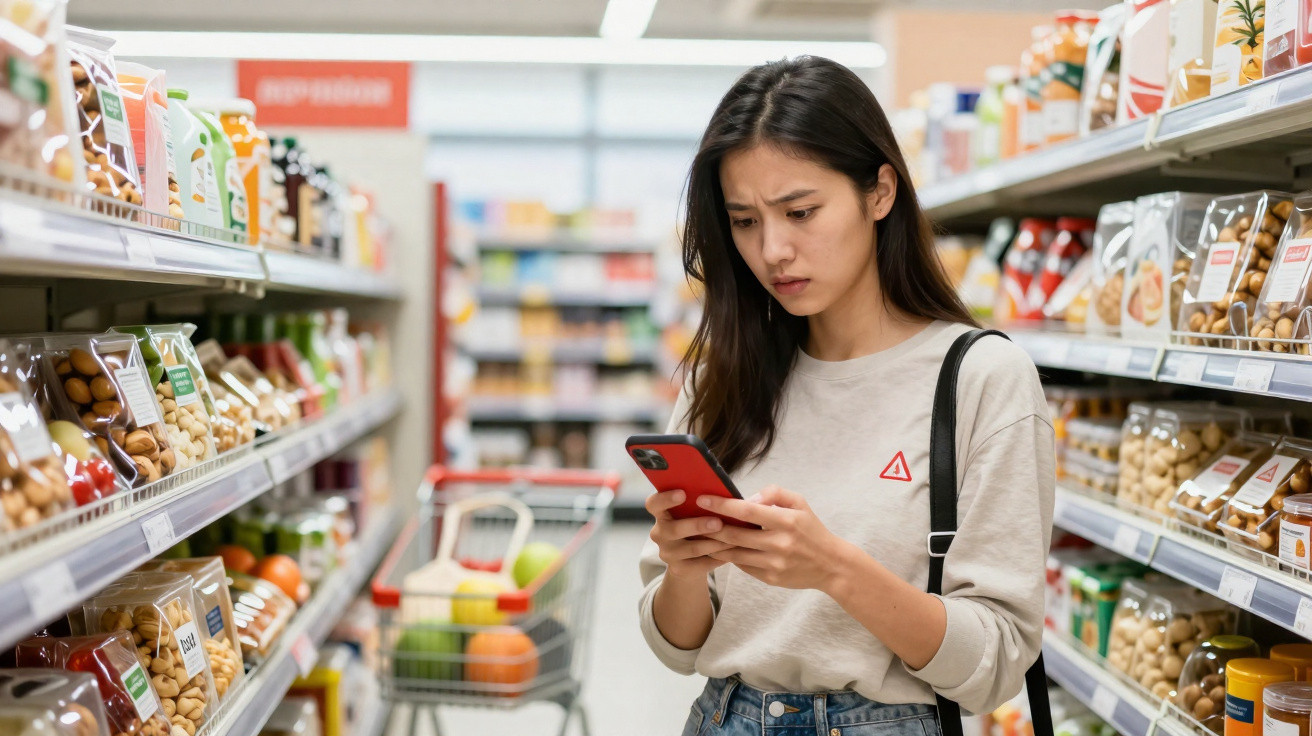 Young woman in supermarket aisle looking confused while checking her smartphone with a trolley nearby
