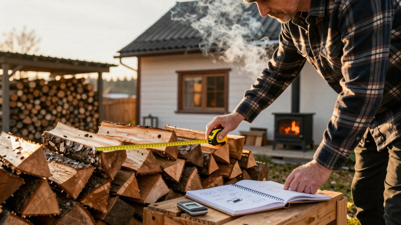 Man measuring chopped firewood outside a house with a wood-burning stove in the background.