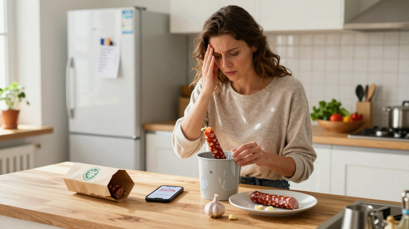 Woman in kitchen looks concerned while using a garlic press with a sausage instead of garlic cloves.