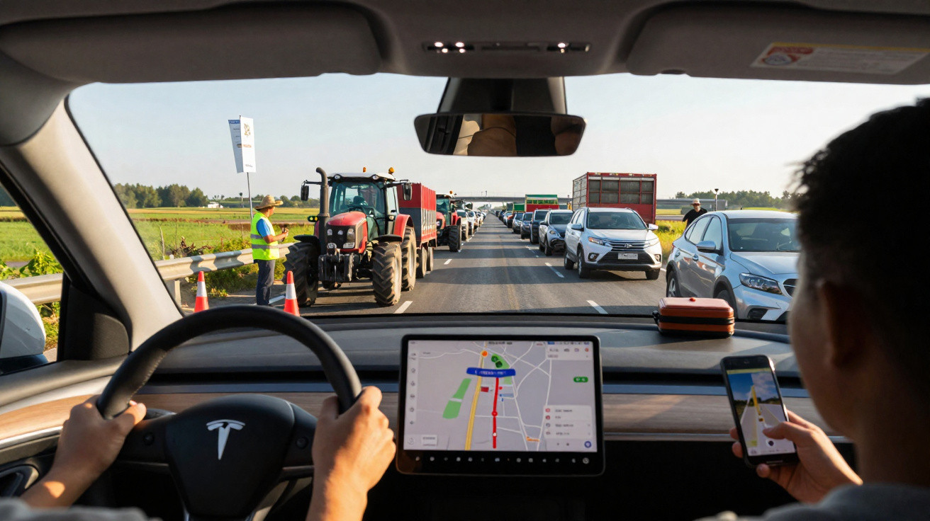 View from inside a Tesla driving in traffic, showing a tractor, cars, and a GPS navigation screen on the dashboard.