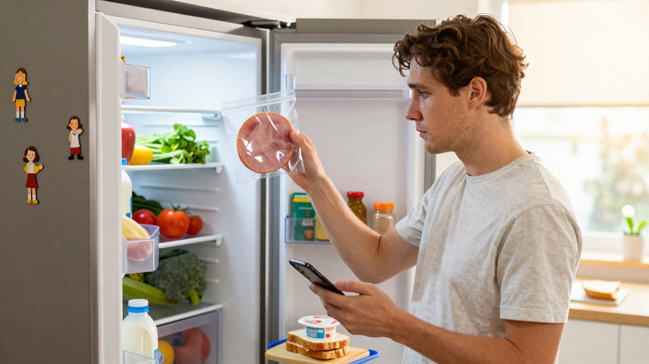 Young man holding packaged deli meat and smartphone while looking inside open fridge in kitchen.