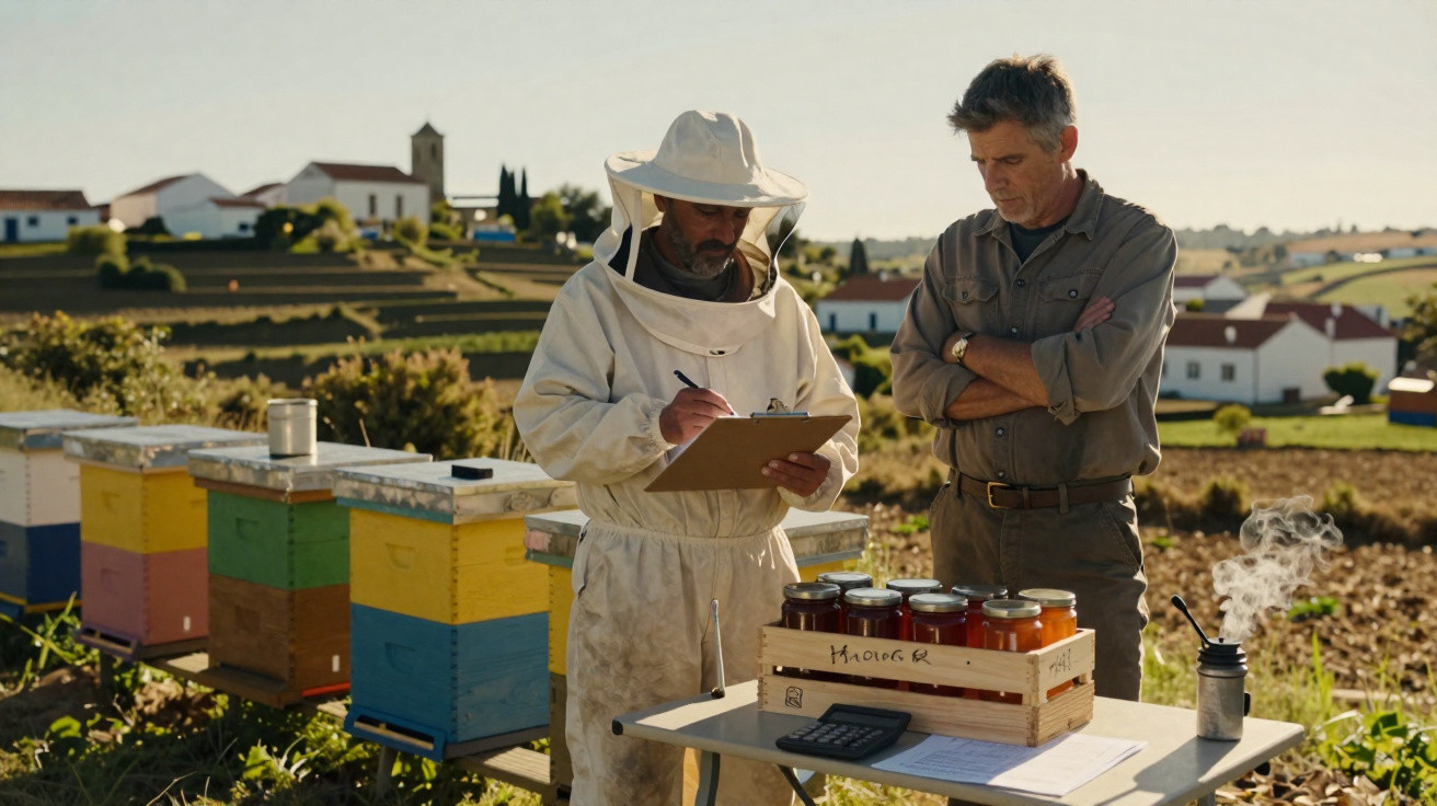 Beekeeper in protective suit taking notes while another man observes jars of honey near colorful beehives in countryside.