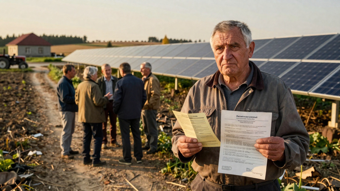 Elderly man holding documents near solar panels with group of men talking in the background on farmland.