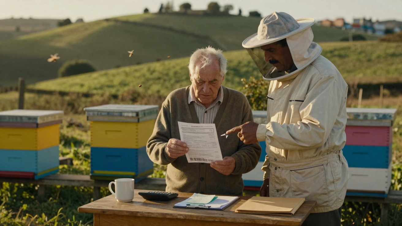 Two men reviewing documents outside near colourful beehives in a rural setting with rolling hills.