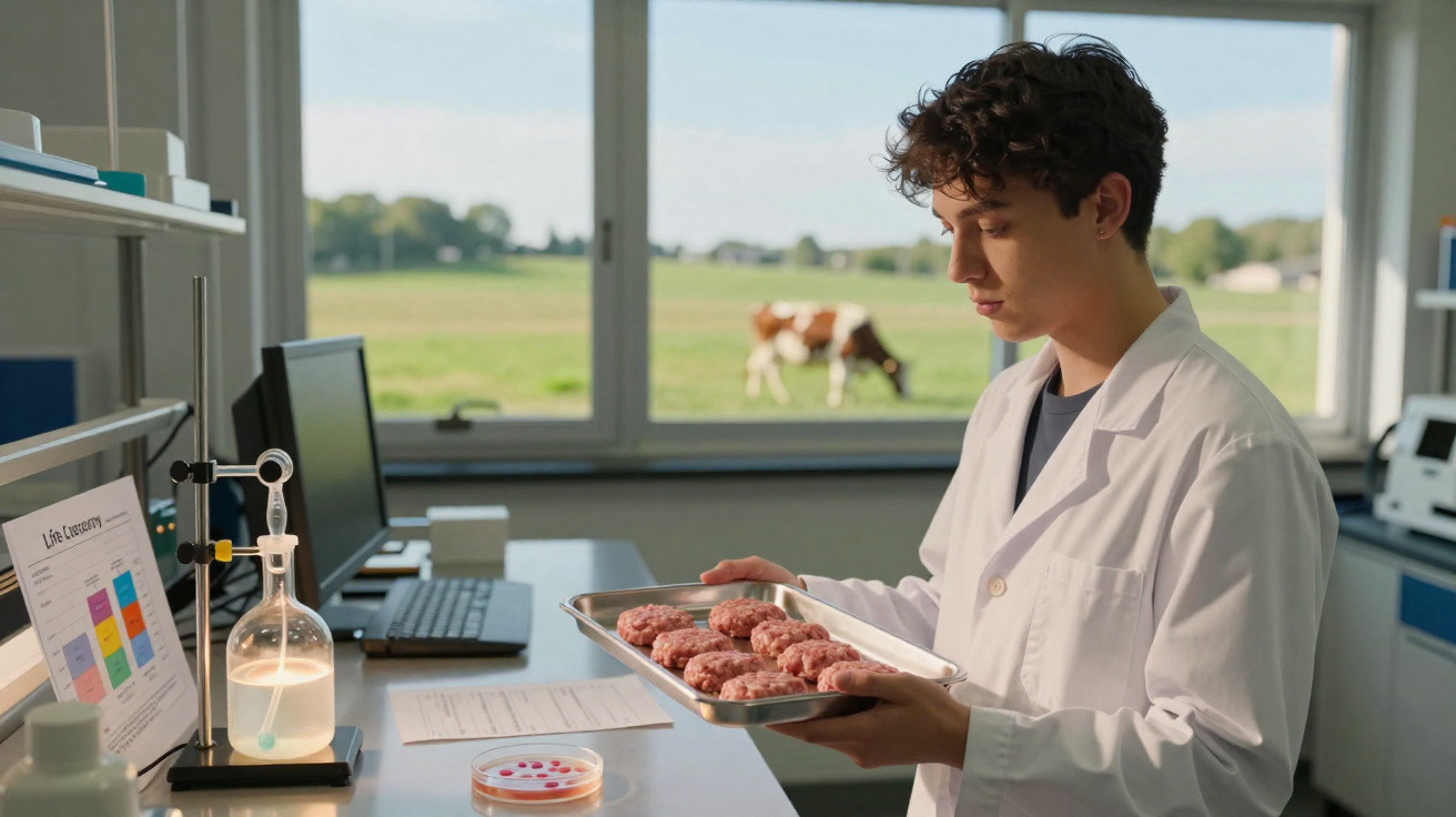 Scientist in white lab coat examining raw meat patties on a tray in a lab with a cow visible outside the window.