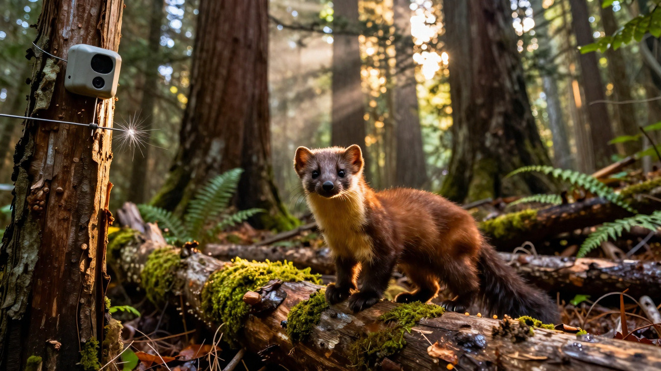 A pine marten stands on a mossy log in a sunlit forest with a wildlife camera mounted on a tree trunk.