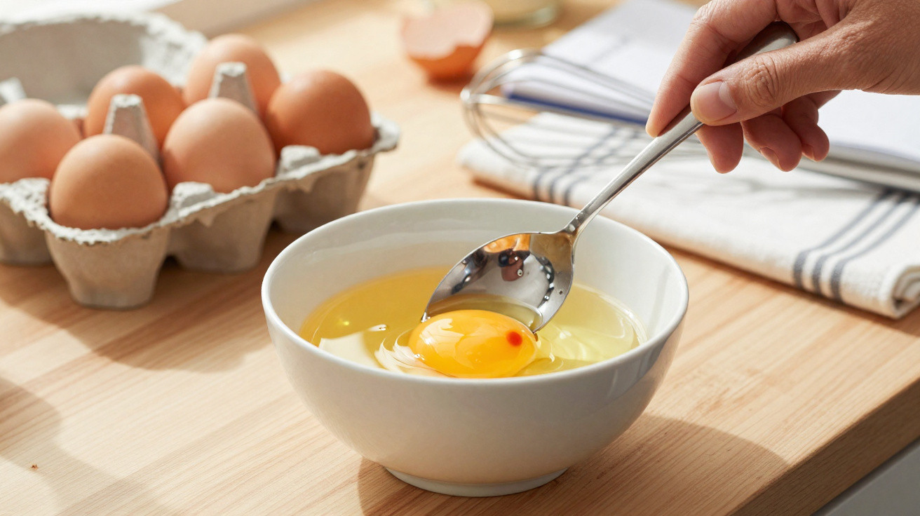 Hand holding a spoon lifting a raw egg yolk from a white bowl on a wooden kitchen table.