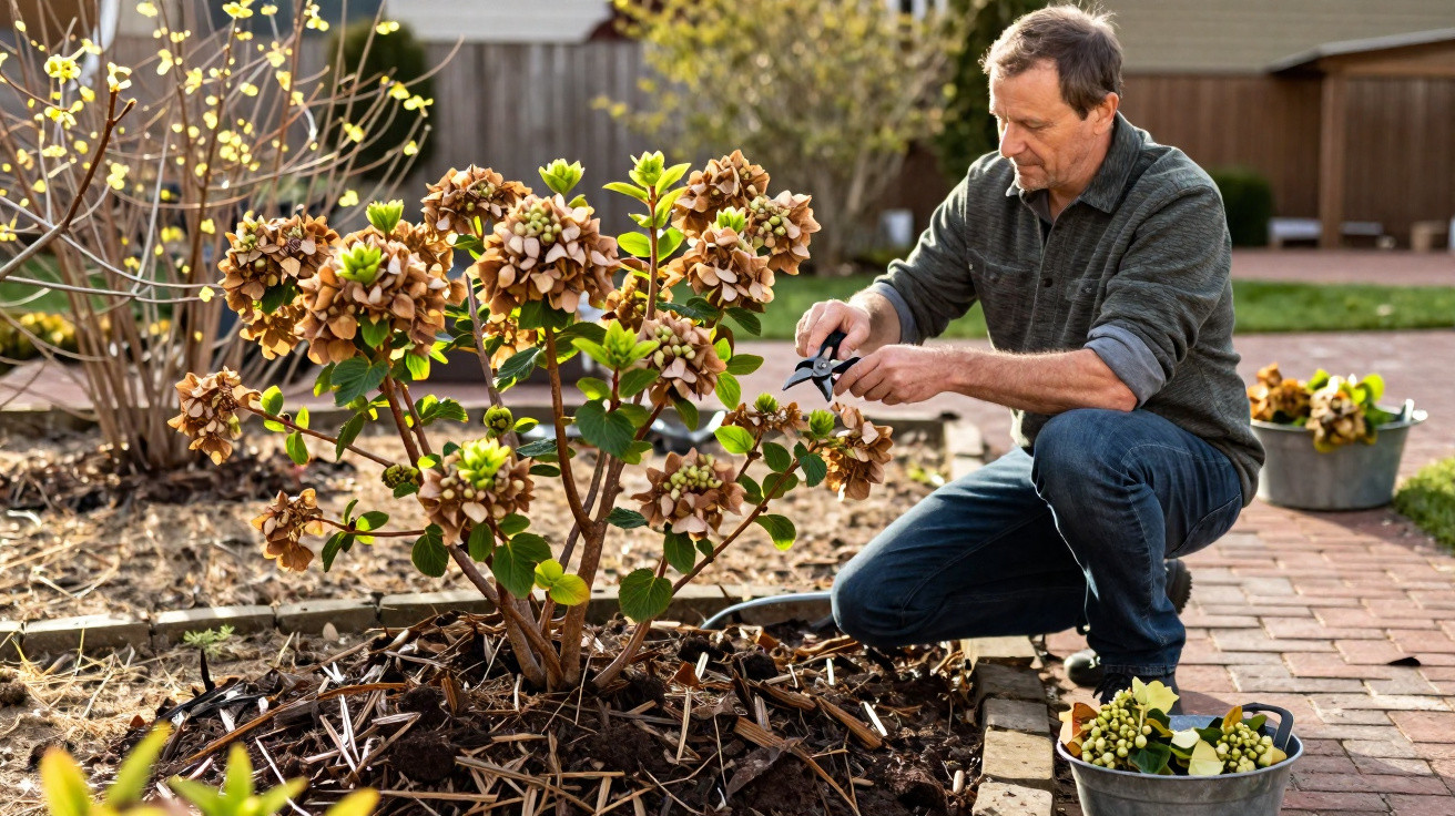 Man pruning hydrangea bush with garden shears in backyard on a sunny day.