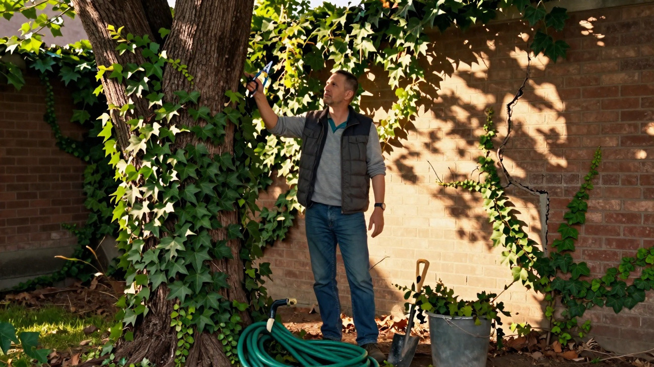 Man trimming ivy on a tree trunk in a garden with gardening tools and hose nearby on a sunny day.