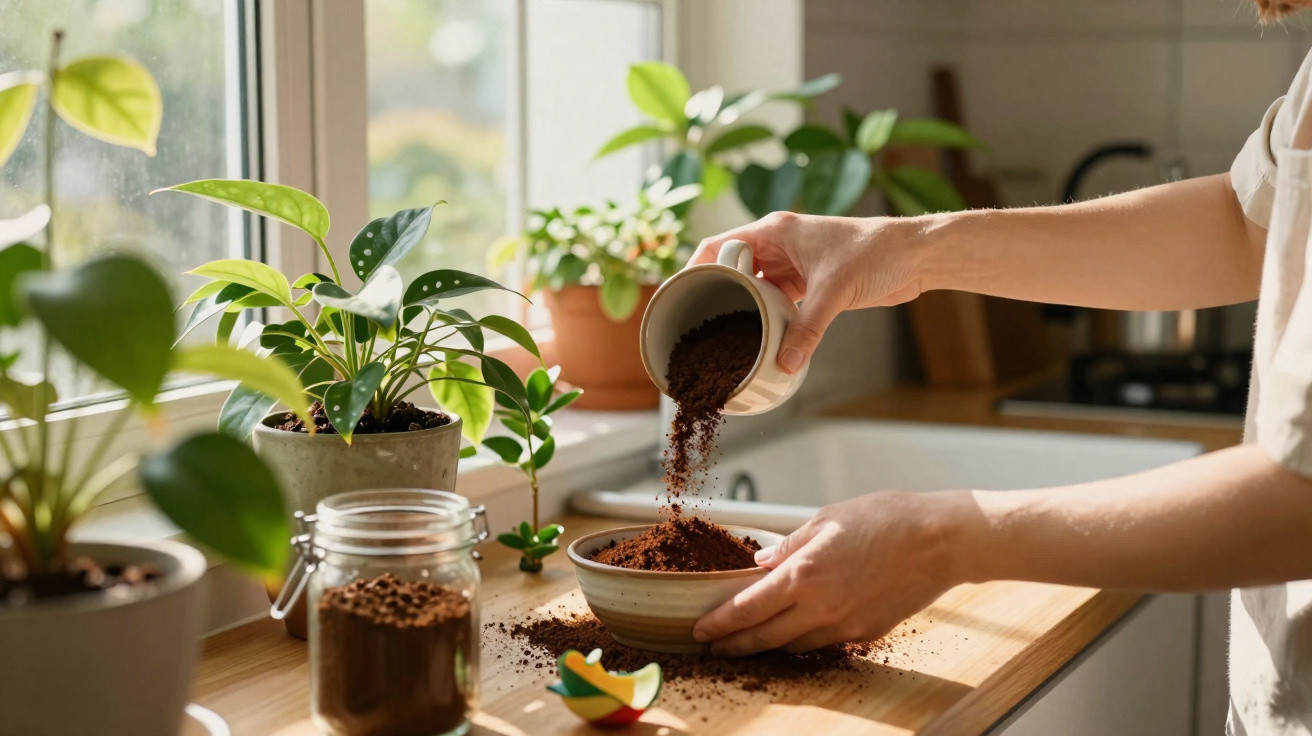 Person filling a bowl with coffee grounds on a wooden kitchen countertop near potted plants by a window.