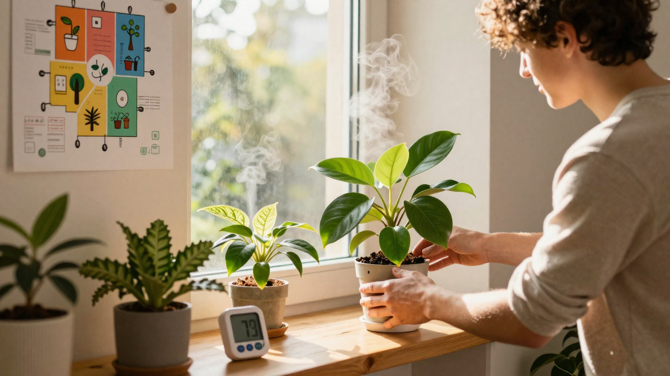 Person tending to a healthy green plant on a sunlit windowsill with other potted plants and a hygrometer.