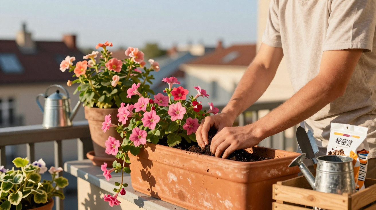 Person planting flowers in a rectangular pot on a balcony with watering cans and blooming plants nearby.