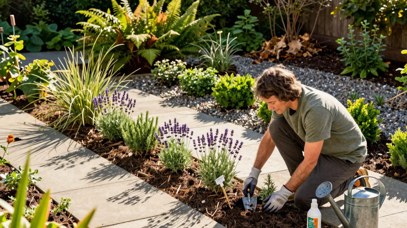 Man gardening and planting herbs in a sunlit garden bed beside a paved path with watering can nearby