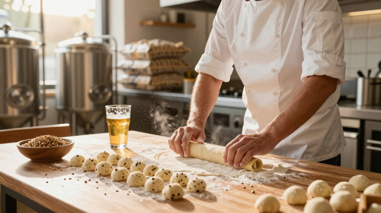 Chef rolling dough on a floured wooden table with dough balls and a glass of beer in a kitchen.