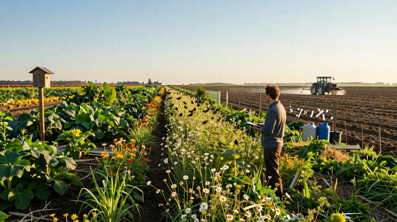 Person observing a flourishing flower field with birds, adjacent to ploughed farmland and a tractor in the distance.