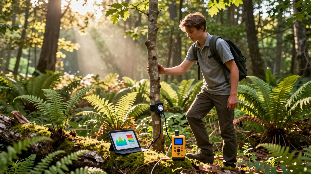 Teen boy in forest with scientific equipment, analysing data on laptop and holding tree trunk.