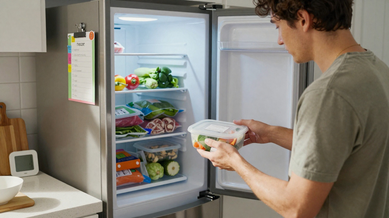 Man taking a container of chopped vegetables out of a stocked refrigerator in a modern kitchen.