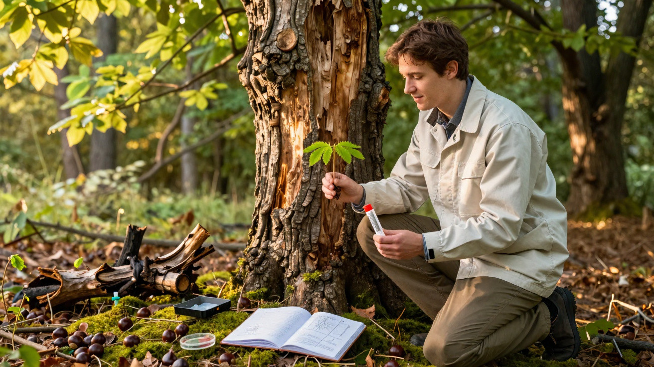 Man kneeling by tree in forest, examining a leaf and holding a tube, with open book and scientific tools on ground.