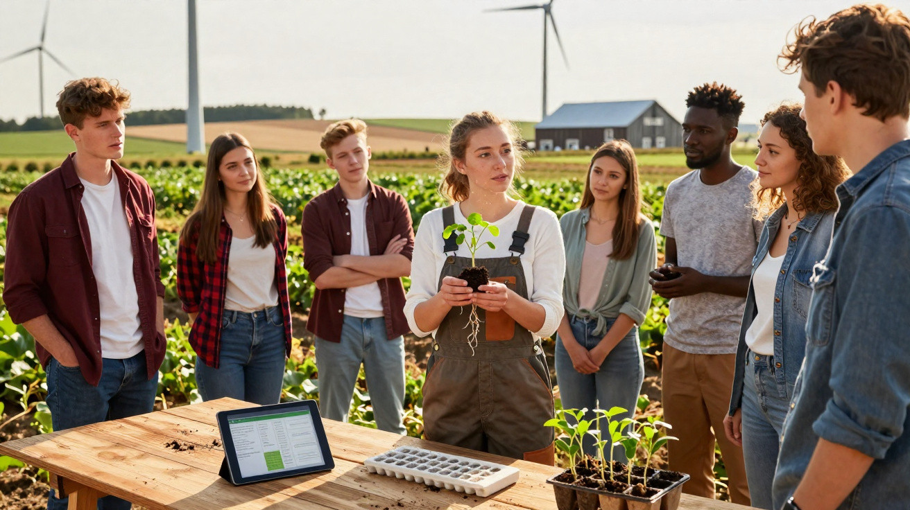 Young woman shows seedlings to diverse group in farmland with wind turbines and laptop on wooden table