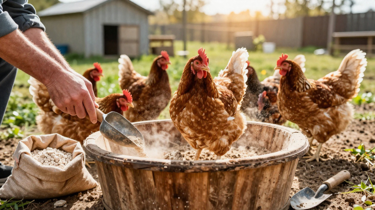 A person feeding brown chickens dust bathing in a wooden tub in a sunny backyard farm setting.