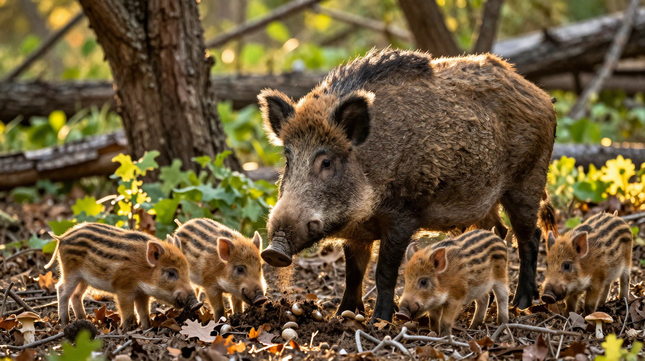 Wild boar sow with five striped piglets foraging on forest floor covered in leaves and twigs.