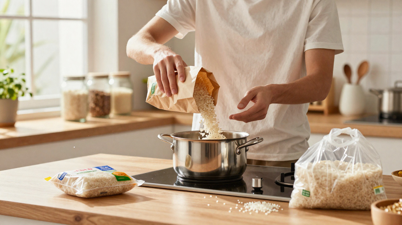 Person pouring rice from a paper bag into a pot on a stove in a modern kitchen.