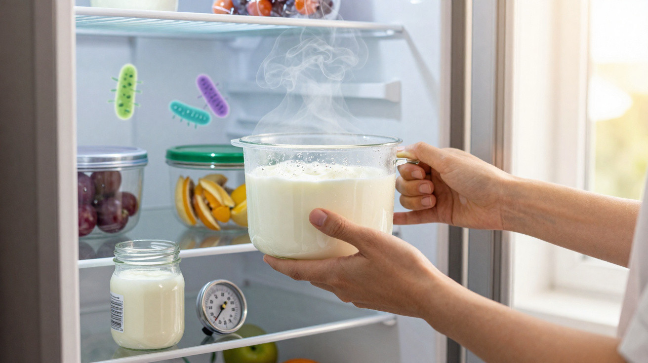 Hands placing a steaming hot glass jug of milk inside an open fridge with various foods inside.