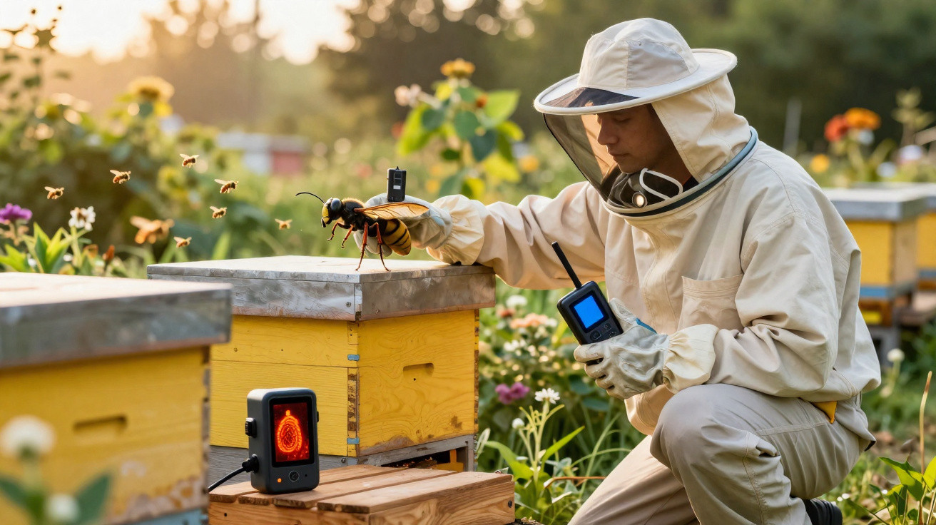 Beekeeper in protective suit holding a large artificial wasp model near yellow beehives outdoors.