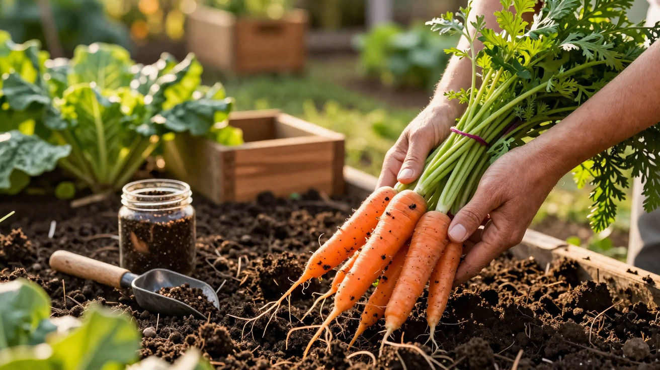 Hands holding freshly harvested carrots over soil with gardening tools and green plants nearby in a garden.