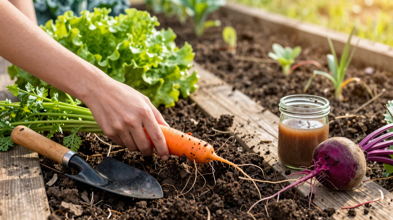 Hand harvesting a fresh carrot from a vegetable garden bed with a trowel, beetroot, and lettuce nearby.