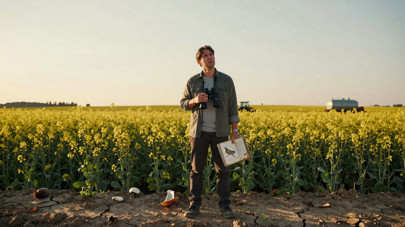 Man holding binoculars and a bird guidebook stands in front of a yellow flowering field at sunset.