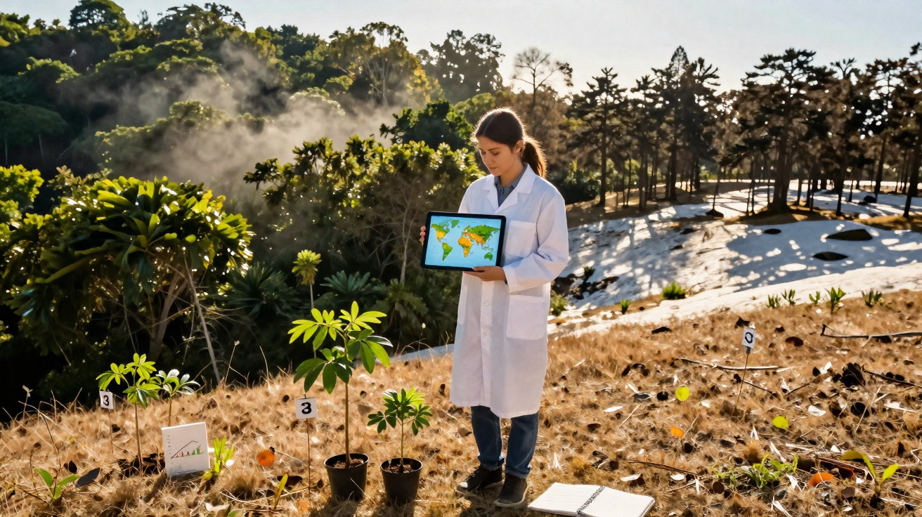 Scientist in white coat holding tablet with world map near potted plants on dry grass with misty forest background.