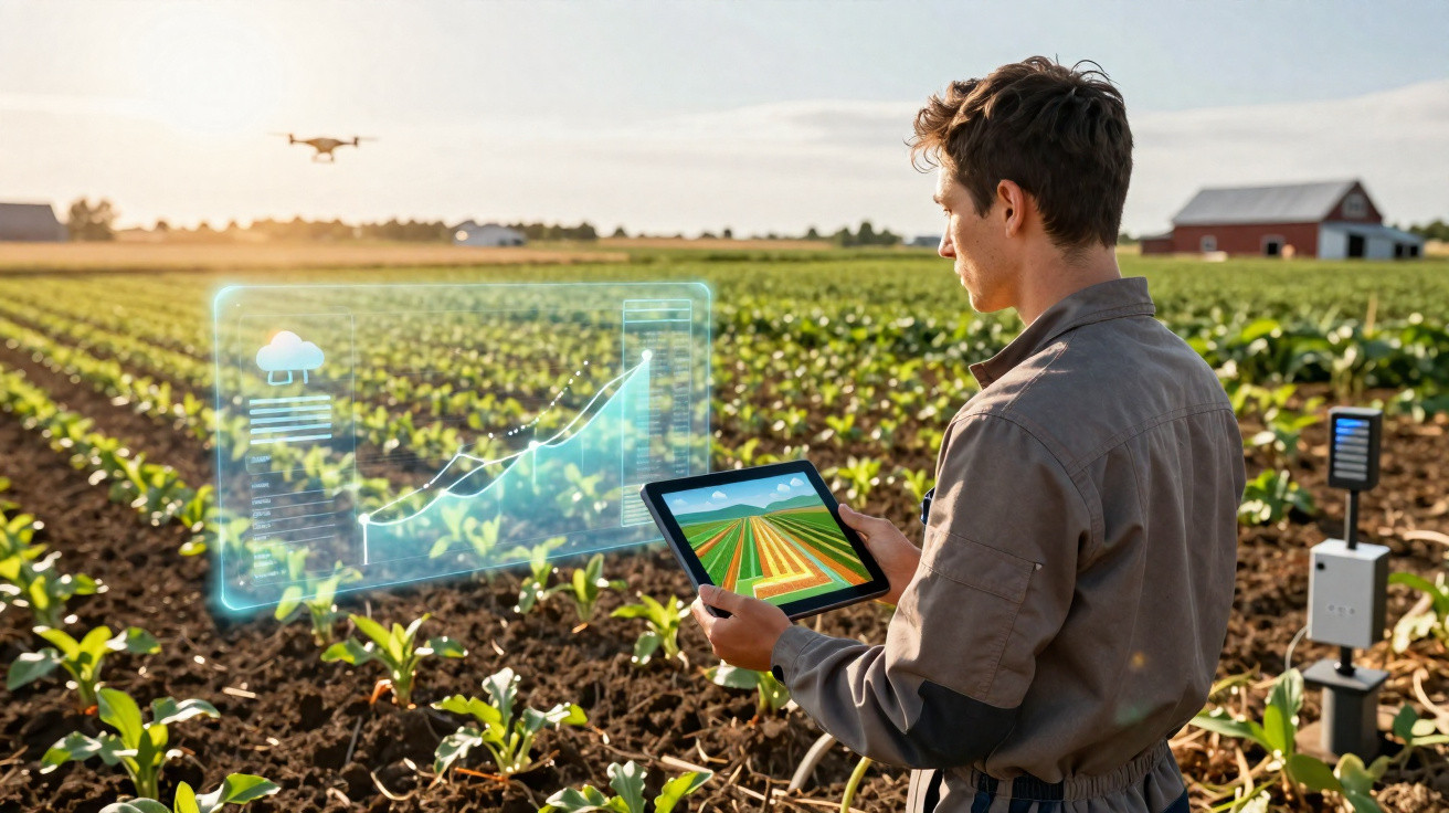 Farmer using tablet and drone technology to monitor crop growth in green field with digital data overlay.